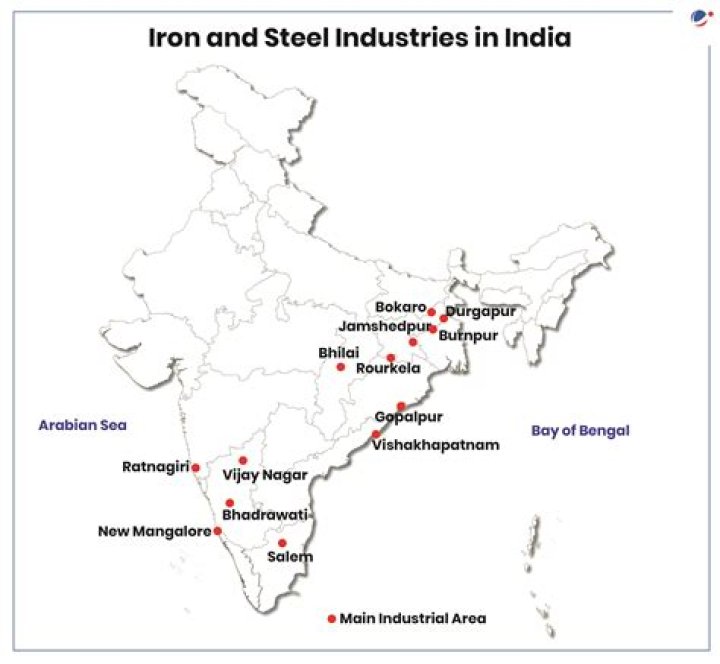 Where is iron and steel found in India?